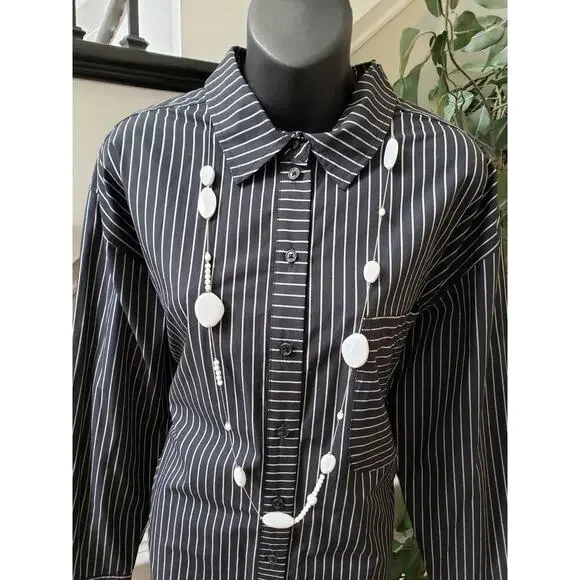 A New Day Dress Women L Black White Striped Shirt Long Sleeve Cotton Midi - Picture 3 of 15